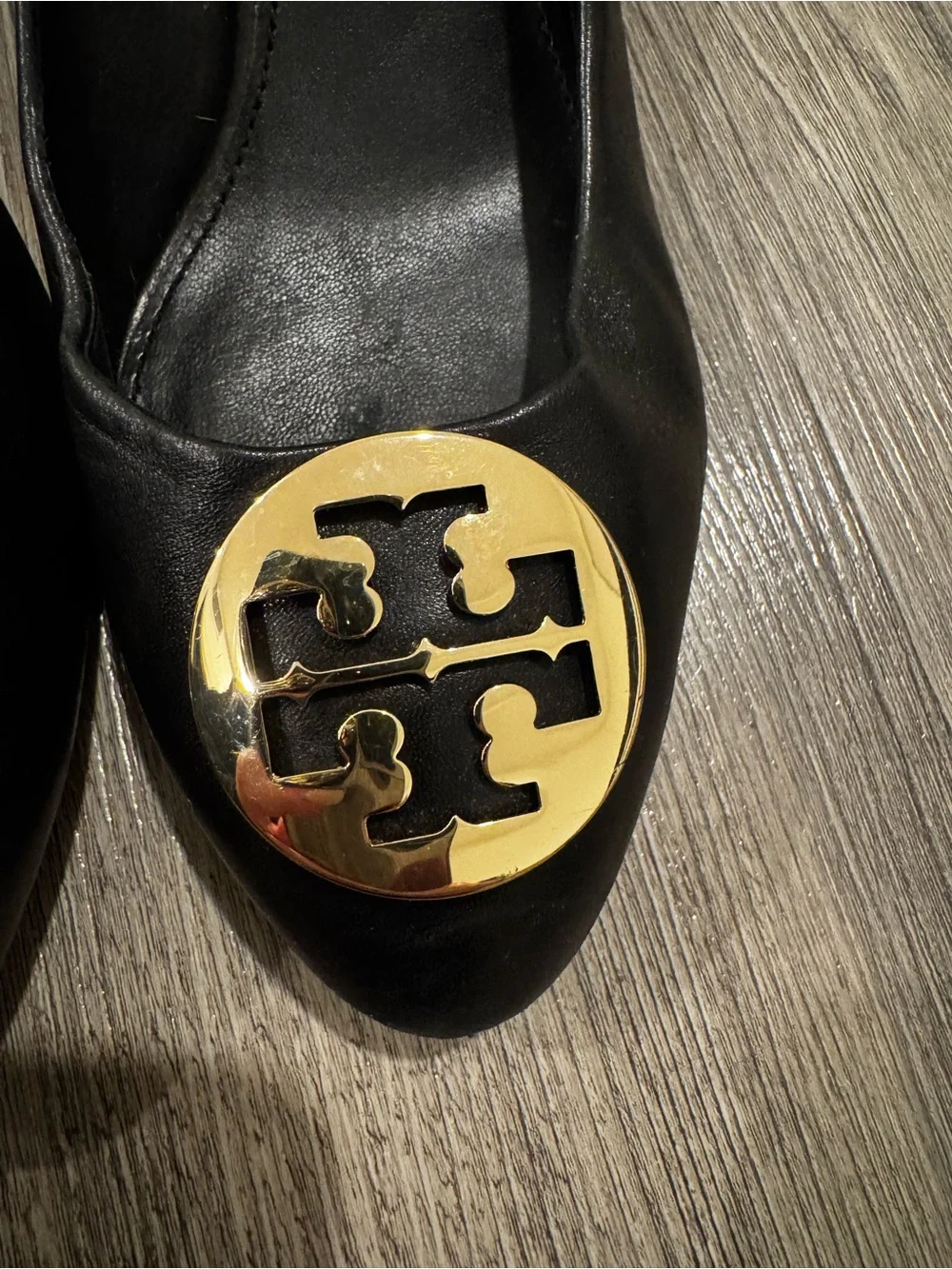 Tory Burch Black Sally Leather Wedge Gold Logo Size 10.5 (10 1/2)